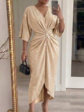 Khaki Elegant Women's Plus Size V-Neck Twist Ruched Waist Dress